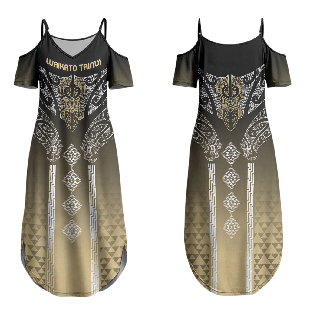 Aotearoa Maori Iwi Heritage Couples Matching Summer Maxi Dress and Long Sleeve Button Shirt Waikato Tainui Parauri