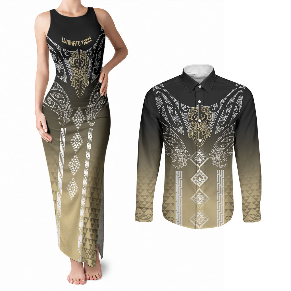 Aotearoa Maori Iwi Heritage Couples Matching Tank Maxi Dress and Long Sleeve Button Shirt Waikato Tainui Parauri