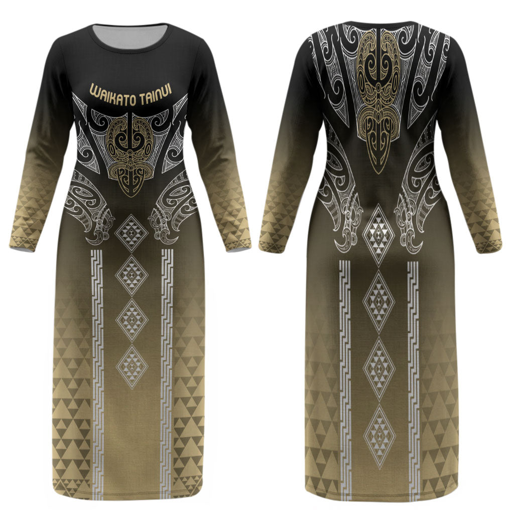Aotearoa Maori Iwi Heritage Family Matching Long Sleeve Bodycon Dress and Hawaiian Shirt Waikato Tainui Parauri