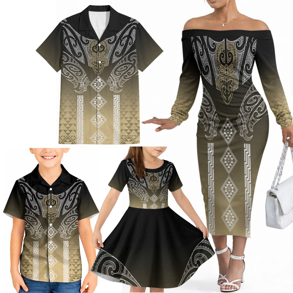 Aotearoa Maori Iwi Heritage Family Matching Off The Shoulder Long Sleeve Dress and Hawaiian Shirt Waikato Tainui Parauri