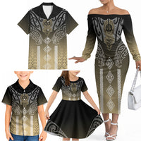 Aotearoa Maori Iwi Heritage Family Matching Off The Shoulder Long Sleeve Dress and Hawaiian Shirt Waikato Tainui Parauri