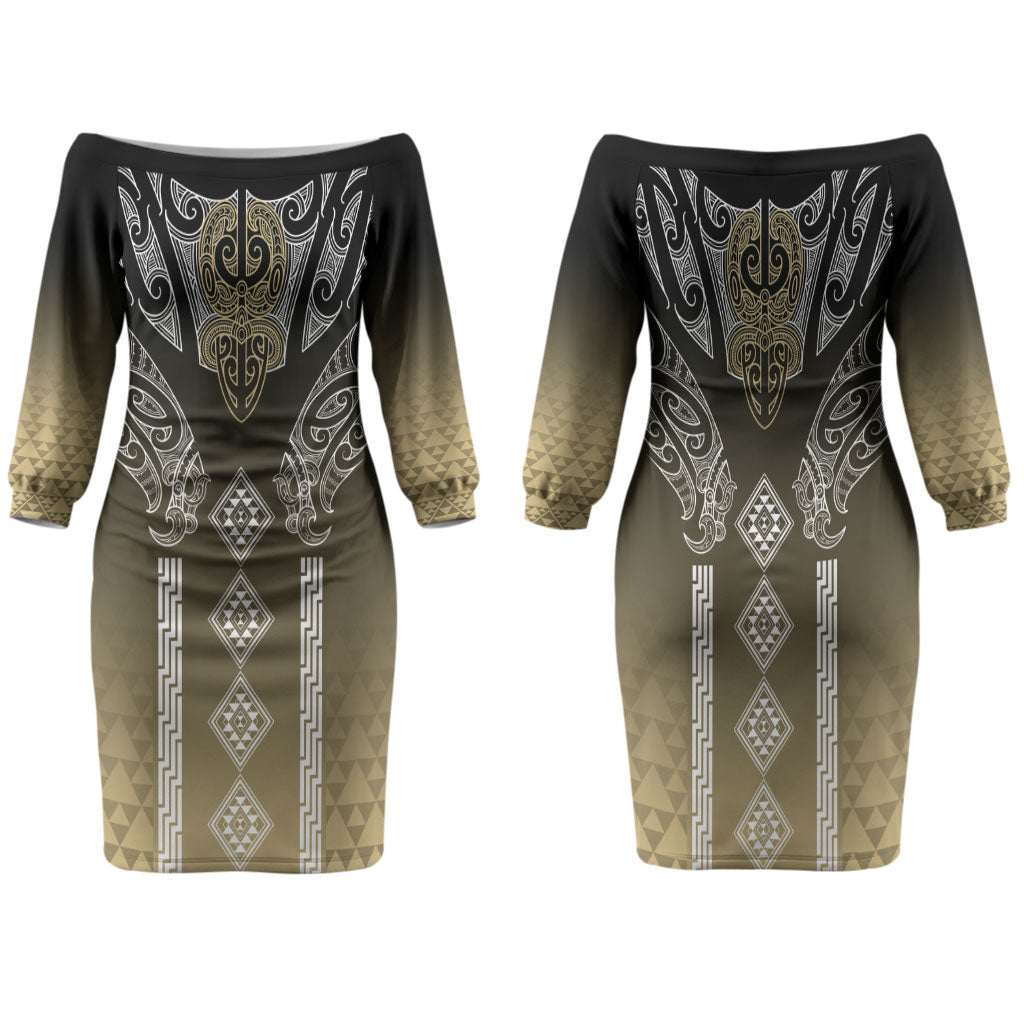 Aotearoa Maori Iwi Heritage Family Matching Off The Shoulder Long Sleeve Dress and Hawaiian Shirt Waikato Tainui Parauri