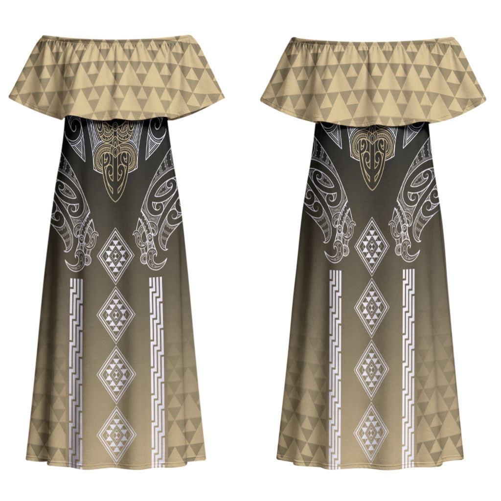 Aotearoa Maori Iwi Heritage Family Matching Off Shoulder Maxi Dress and Hawaiian Shirt Waikato Tainui Parauri