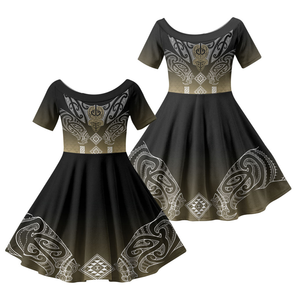 Aotearoa Maori Iwi Heritage Family Matching Off Shoulder Maxi Dress and Hawaiian Shirt Waikato Tainui Parauri