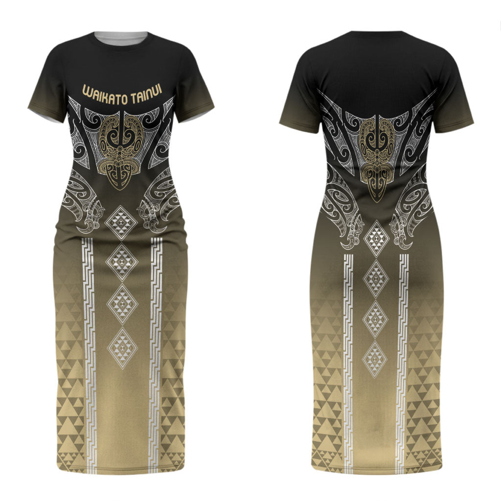 Aotearoa Maori Iwi Heritage Family Matching Short Sleeve Bodycon Dress and Hawaiian Shirt Waikato Tainui Parauri