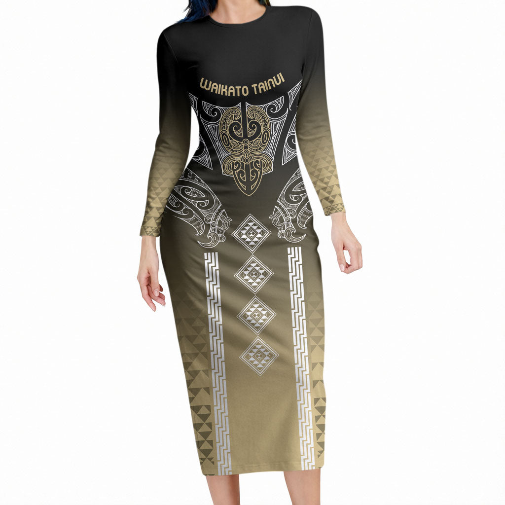 Aotearoa Maori Iwi Heritage Long Sleeve Bodycon Dress Waikato Tainui Parauri