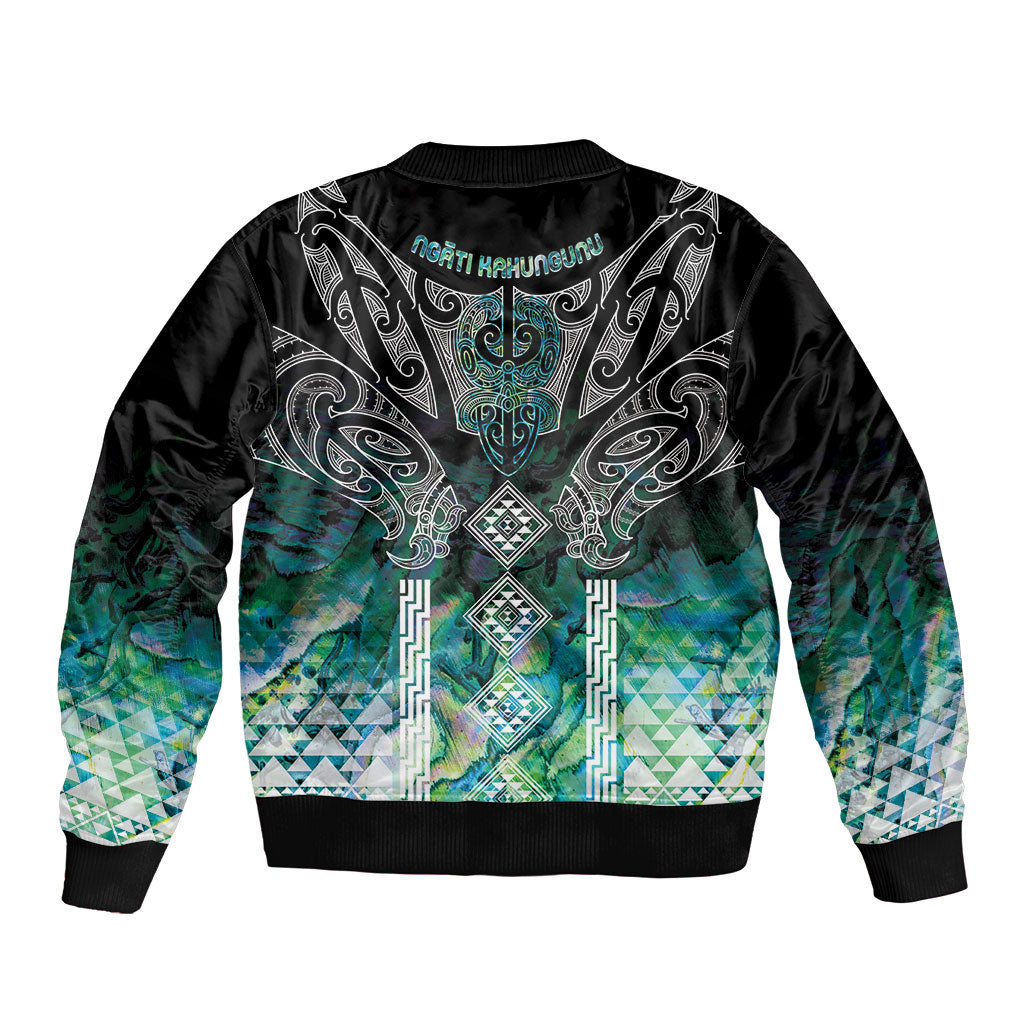 Aotearoa Maori Iwi Heritage Bomber Jacket Ngati Kahungunu Paua Shell Turquoise