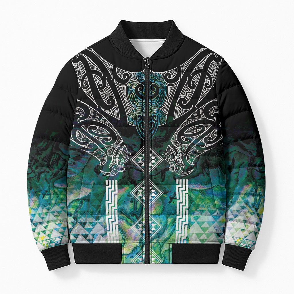 Aotearoa Maori Iwi Heritage Bomber Puffer Jacket Ngati Kahungunu Paua Shell Turquoise