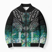 Aotearoa Maori Iwi Heritage Bomber Puffer Jacket Ngati Kahungunu Paua Shell Turquoise