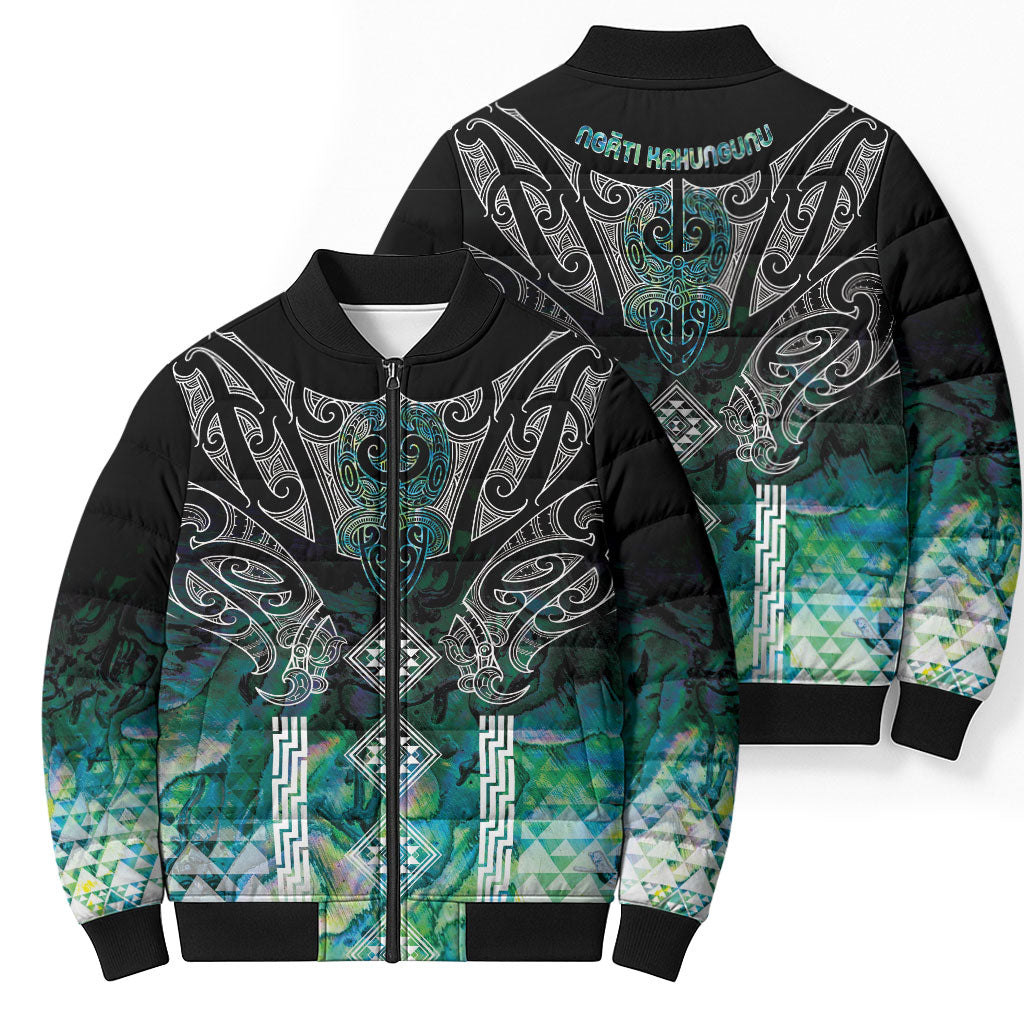 Aotearoa Maori Iwi Heritage Bomber Puffer Jacket Ngati Kahungunu Paua Shell Turquoise
