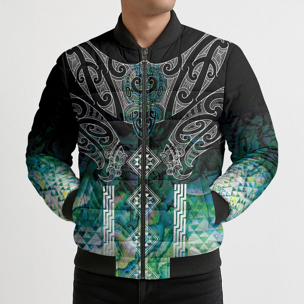 Aotearoa Maori Iwi Heritage Bomber Puffer Jacket Ngati Kahungunu Paua Shell Turquoise