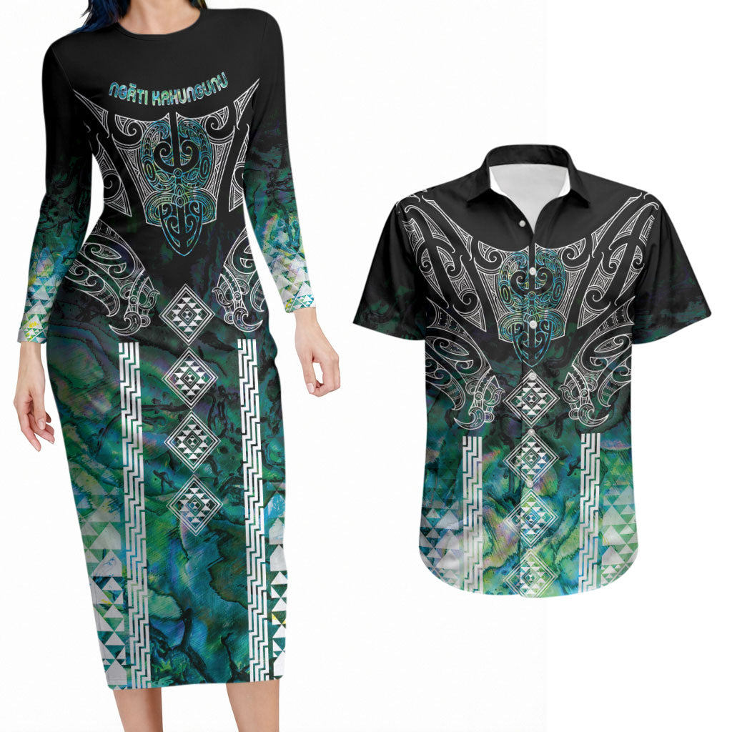 Aotearoa Maori Iwi Heritage Couples Matching Long Sleeve Bodycon Dress and Hawaiian Shirt Ngati Kahungunu Paua Shell Turquoise