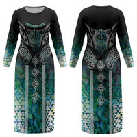 Aotearoa Maori Iwi Heritage Couples Matching Long Sleeve Bodycon Dress and Hawaiian Shirt Ngati Kahungunu Paua Shell Turquoise