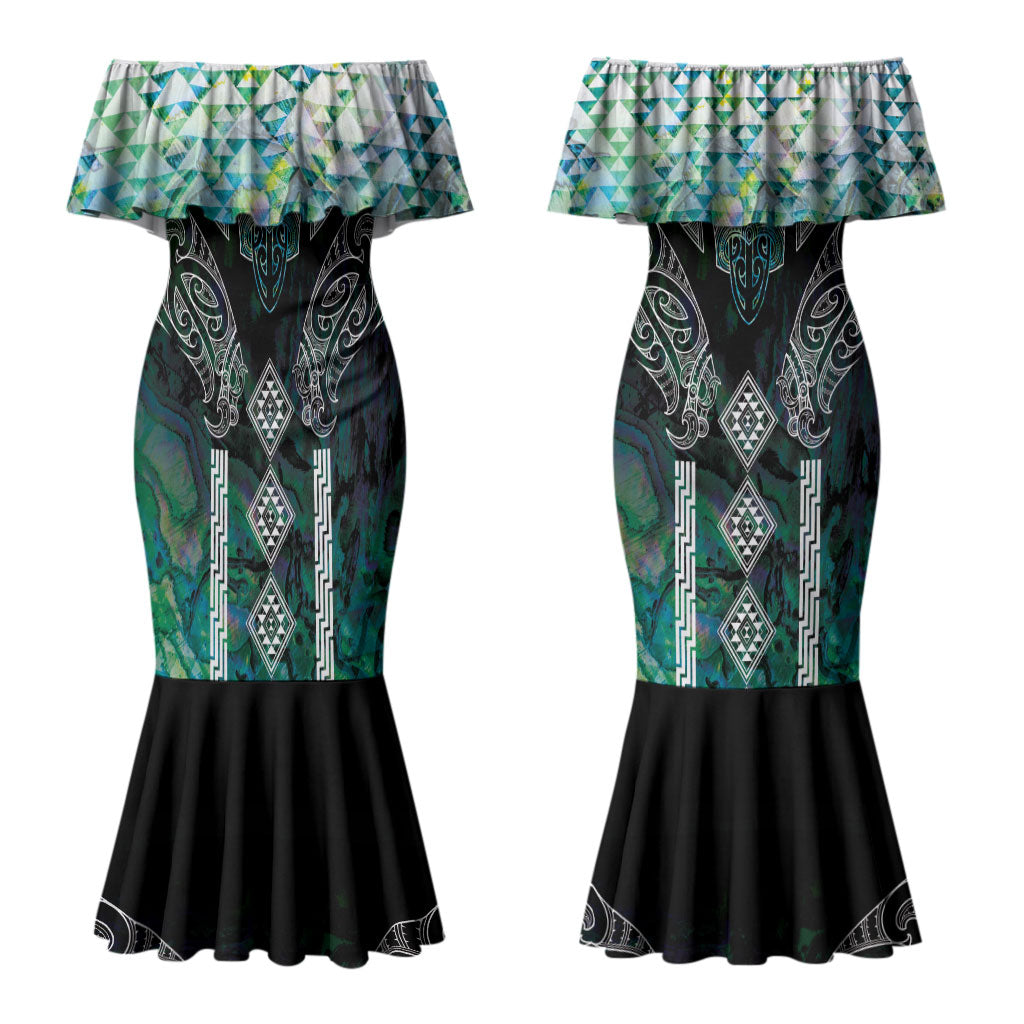Aotearoa Maori Iwi Heritage Couples Matching Mermaid Dress and Long Sleeve Button Shirt Ngati Kahungunu Paua Shell Turquoise