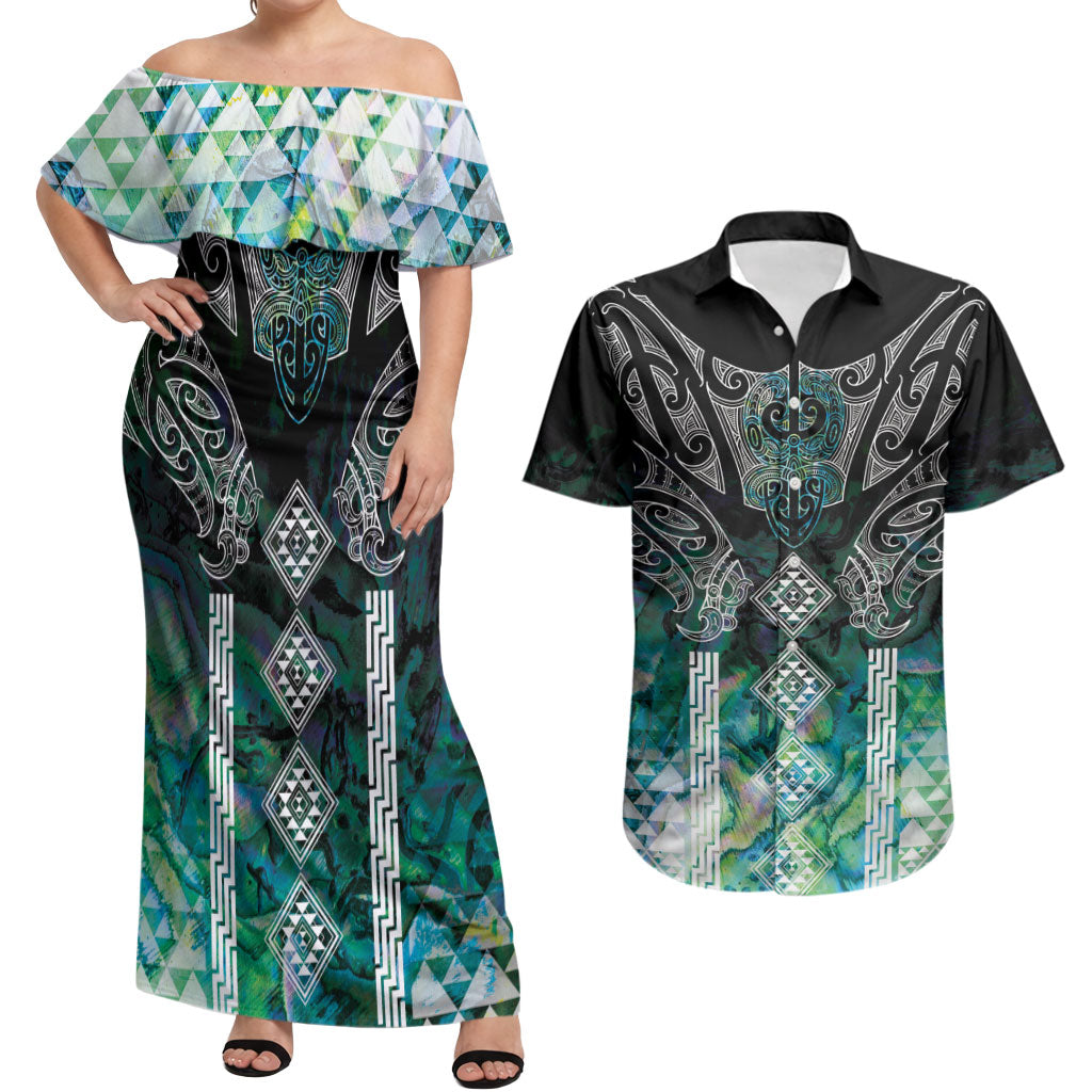Aotearoa Maori Iwi Heritage Couples Matching Off Shoulder Maxi Dress and Hawaiian Shirt Ngati Kahungunu Paua Shell Turquoise LT7 Green Blue - Polynesian Pride