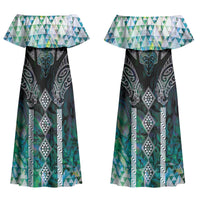 Aotearoa Maori Iwi Heritage Couples Matching Off Shoulder Maxi Dress and Hawaiian Shirt Ngati Kahungunu Paua Shell Turquoise