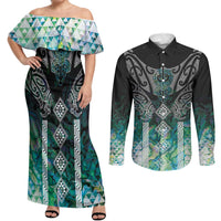 Aotearoa Maori Iwi Heritage Couples Matching Off Shoulder Maxi Dress and Long Sleeve Button Shirt Ngati Kahungunu Paua Shell Turquoise
