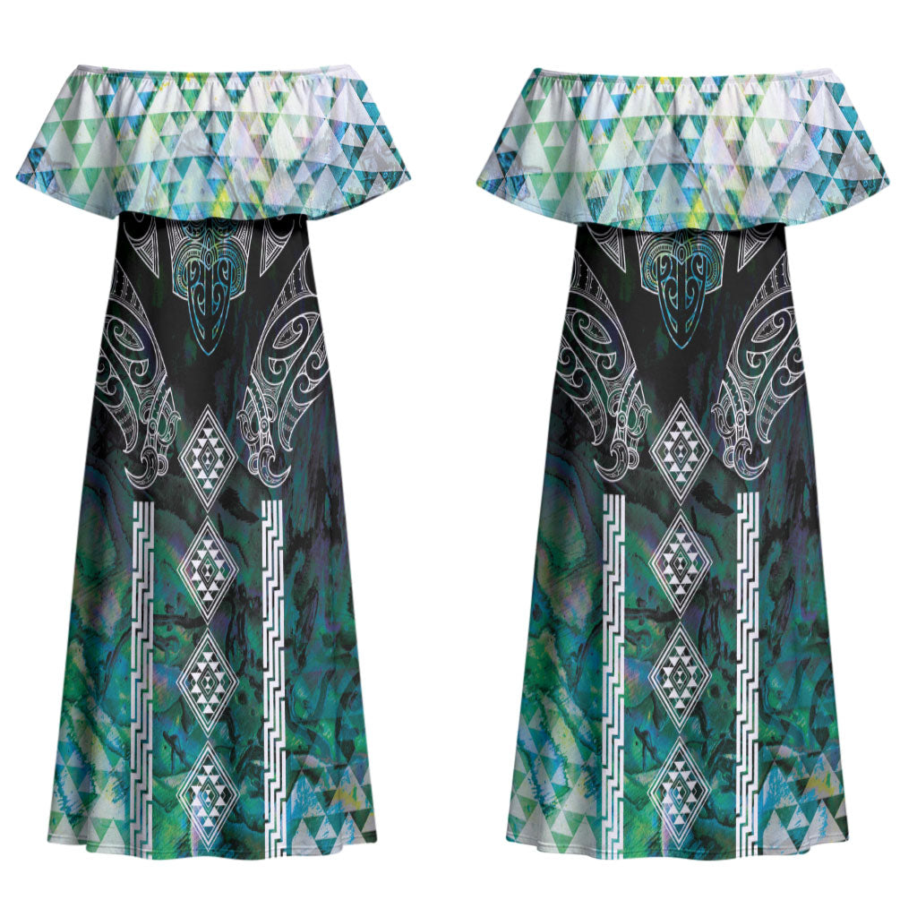 Aotearoa Maori Iwi Heritage Couples Matching Off Shoulder Maxi Dress and Long Sleeve Button Shirt Ngati Kahungunu Paua Shell Turquoise
