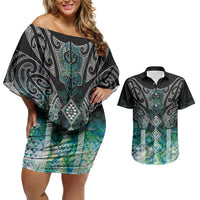 Aotearoa Maori Iwi Heritage Couples Matching Off Shoulder Short Dress and Hawaiian Shirt Ngati Kahungunu Paua Shell Turquoise