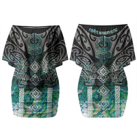 Aotearoa Maori Iwi Heritage Couples Matching Off Shoulder Short Dress and Hawaiian Shirt Ngati Kahungunu Paua Shell Turquoise