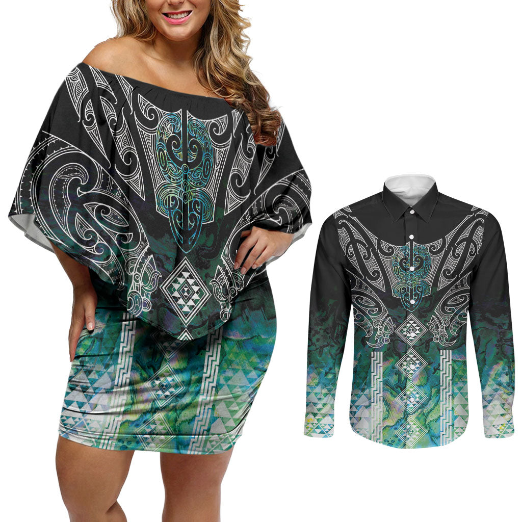 Aotearoa Maori Iwi Heritage Couples Matching Off Shoulder Short Dress and Long Sleeve Button Shirt Ngati Kahungunu Paua Shell Turquoise