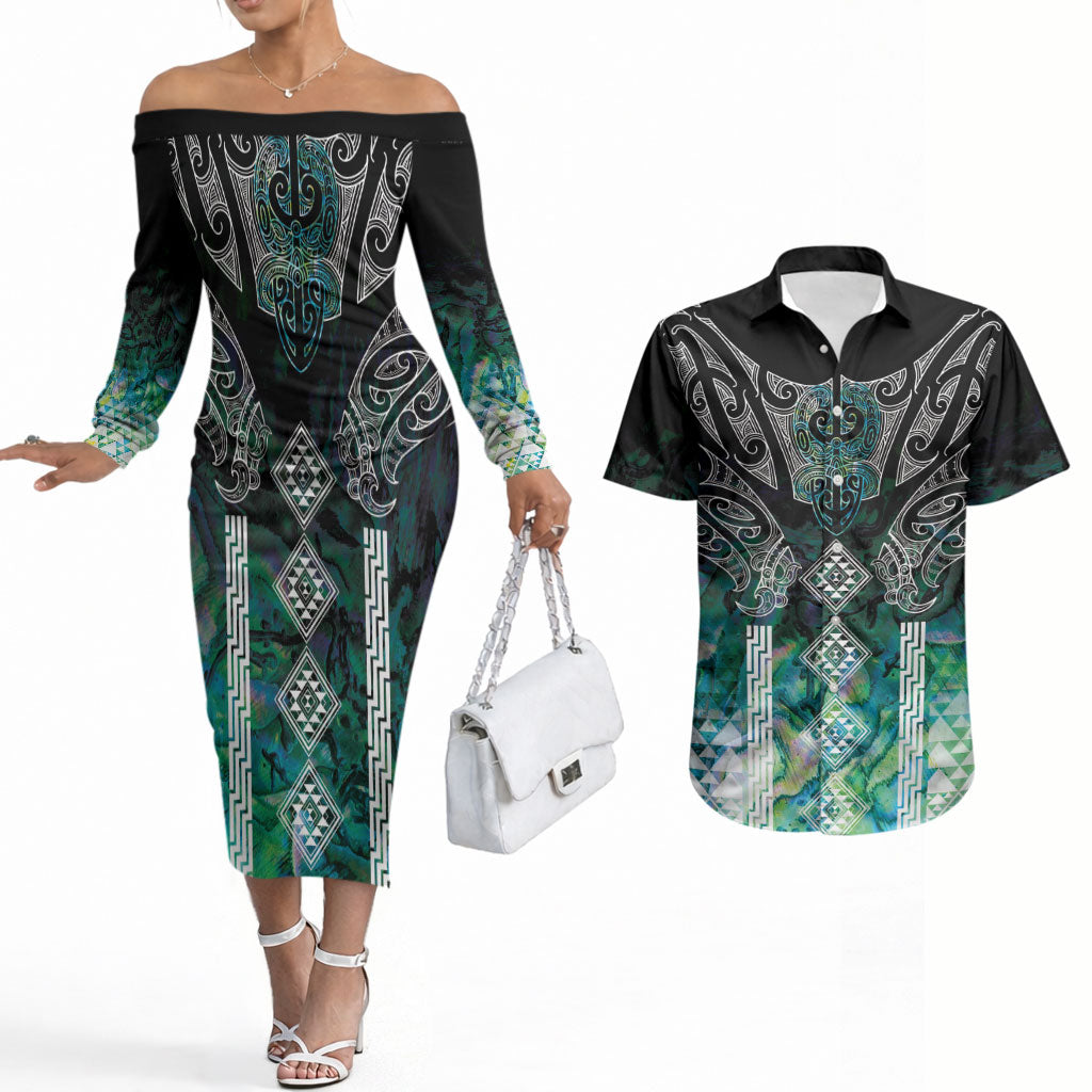 Aotearoa Maori Iwi Heritage Couples Matching Off The Shoulder Long Sleeve Dress and Hawaiian Shirt Ngati Kahungunu Paua Shell Turquoise LT7 Green Blue - Polynesian Pride