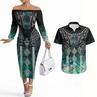Aotearoa Maori Iwi Heritage Couples Matching Off The Shoulder Long Sleeve Dress and Hawaiian Shirt Ngati Kahungunu Paua Shell Turquoise