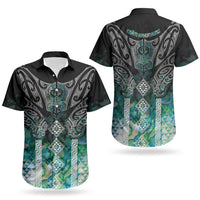 Aotearoa Maori Iwi Heritage Couples Matching Off The Shoulder Long Sleeve Dress and Hawaiian Shirt Ngati Kahungunu Paua Shell Turquoise