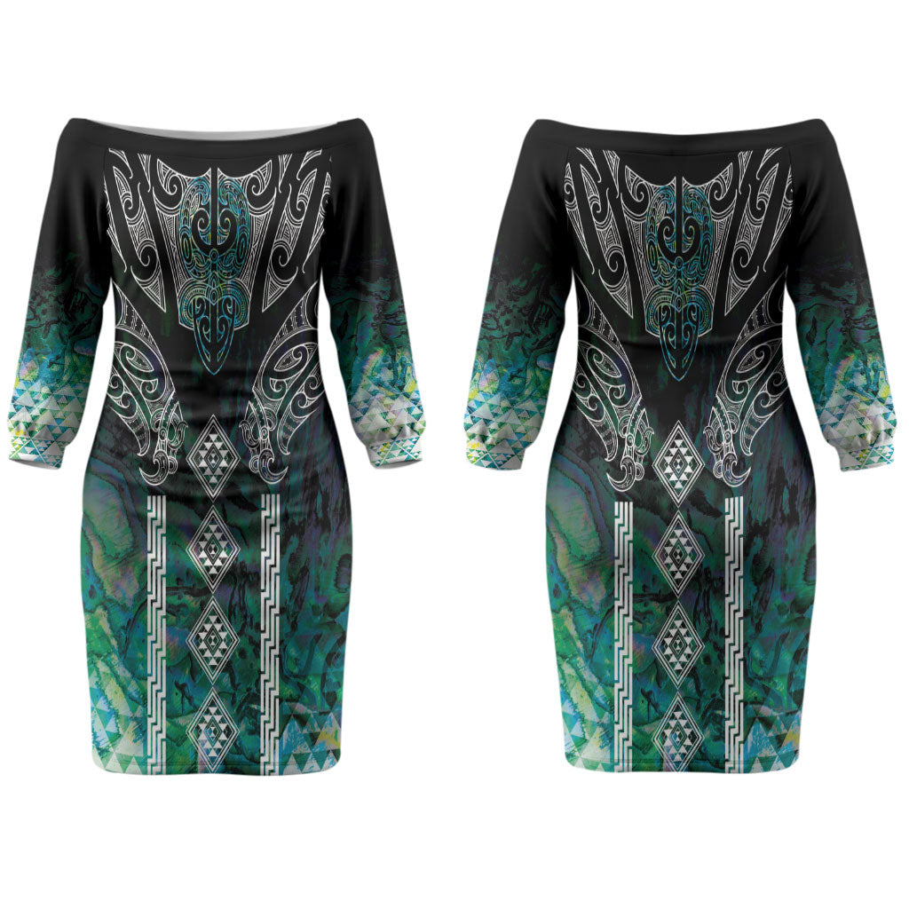 Aotearoa Maori Iwi Heritage Couples Matching Off The Shoulder Long Sleeve Dress and Hawaiian Shirt Ngati Kahungunu Paua Shell Turquoise