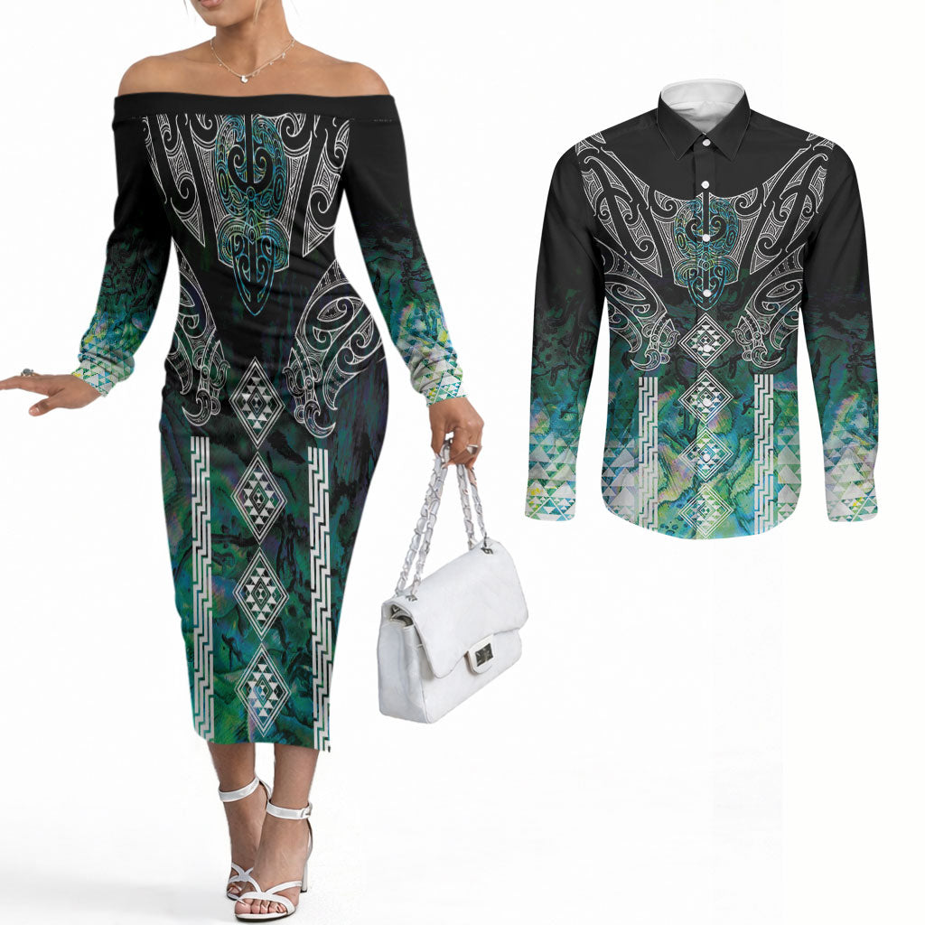 Aotearoa Maori Iwi Heritage Couples Matching Off The Shoulder Long Sleeve Dress and Long Sleeve Button Shirt Ngati Kahungunu Paua Shell Turquoise