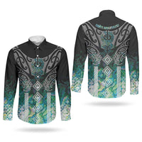Aotearoa Maori Iwi Heritage Couples Matching Off The Shoulder Long Sleeve Dress and Long Sleeve Button Shirt Ngati Kahungunu Paua Shell Turquoise