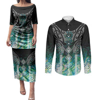 Aotearoa Maori Iwi Heritage Couples Matching Puletasi and Long Sleeve Button Shirt Ngati Kahungunu Paua Shell Turquoise