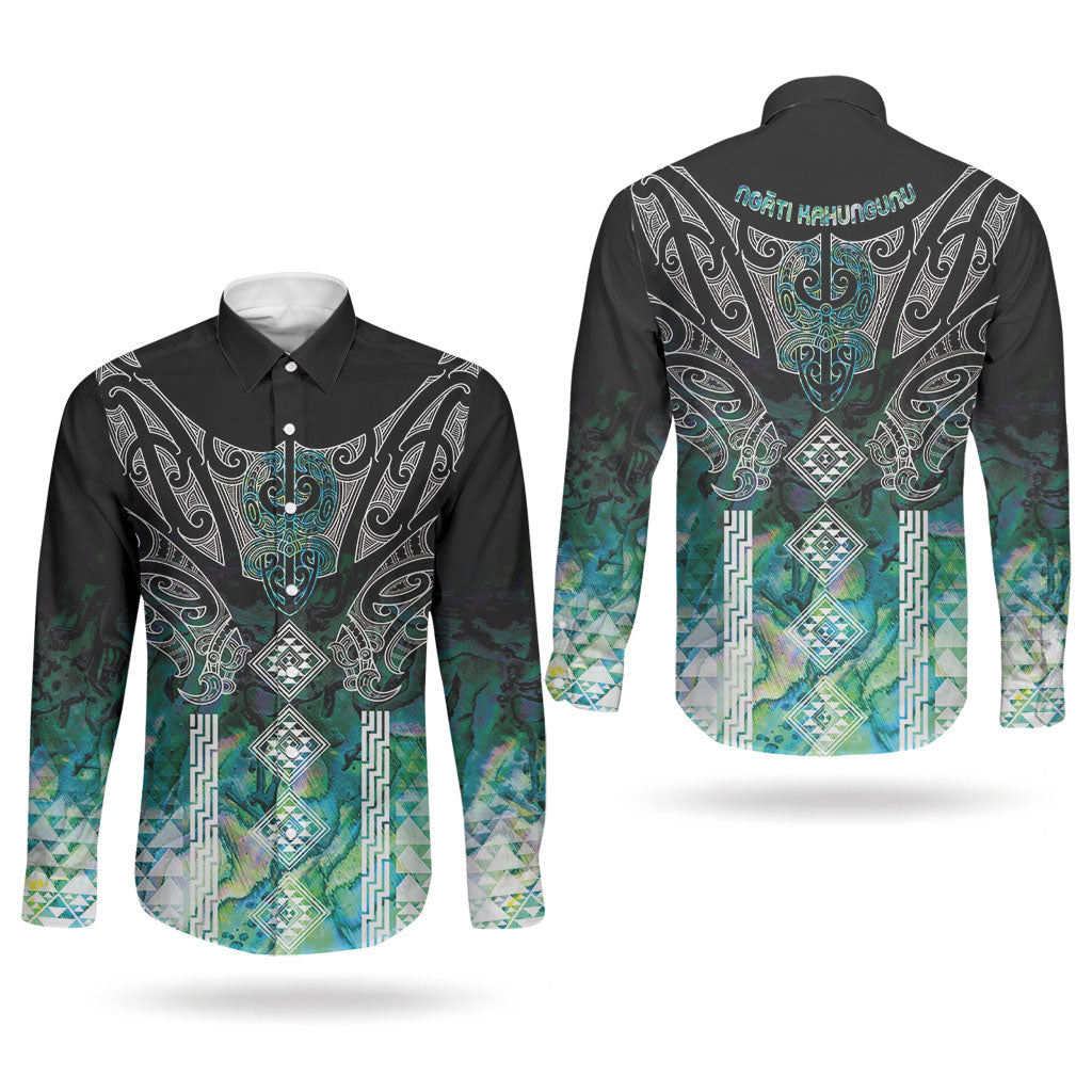 Aotearoa Maori Iwi Heritage Couples Matching Puletasi and Long Sleeve Button Shirt Ngati Kahungunu Paua Shell Turquoise