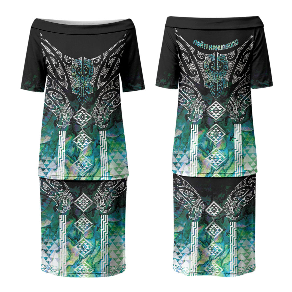Aotearoa Maori Iwi Heritage Couples Matching Puletasi and Long Sleeve Button Shirt Ngati Kahungunu Paua Shell Turquoise