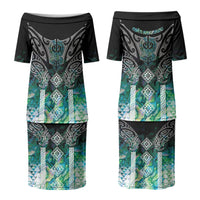 Aotearoa Maori Iwi Heritage Couples Matching Puletasi and Long Sleeve Button Shirt Ngati Kahungunu Paua Shell Turquoise