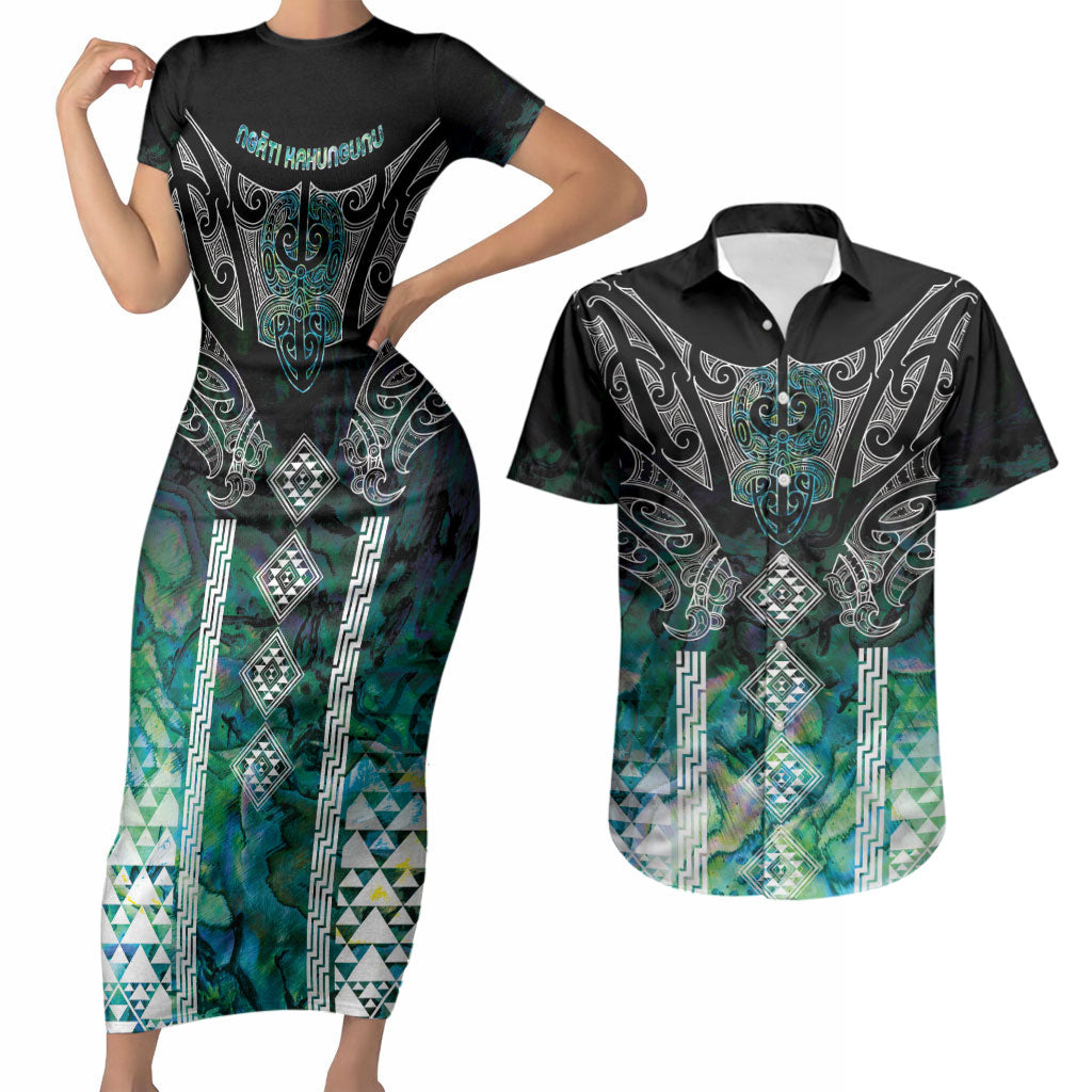 Aotearoa Maori Iwi Heritage Couples Matching Short Sleeve Bodycon Dress and Hawaiian Shirt Ngati Kahungunu Paua Shell Turquoise