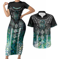 Aotearoa Maori Iwi Heritage Couples Matching Short Sleeve Bodycon Dress and Hawaiian Shirt Ngati Kahungunu Paua Shell Turquoise