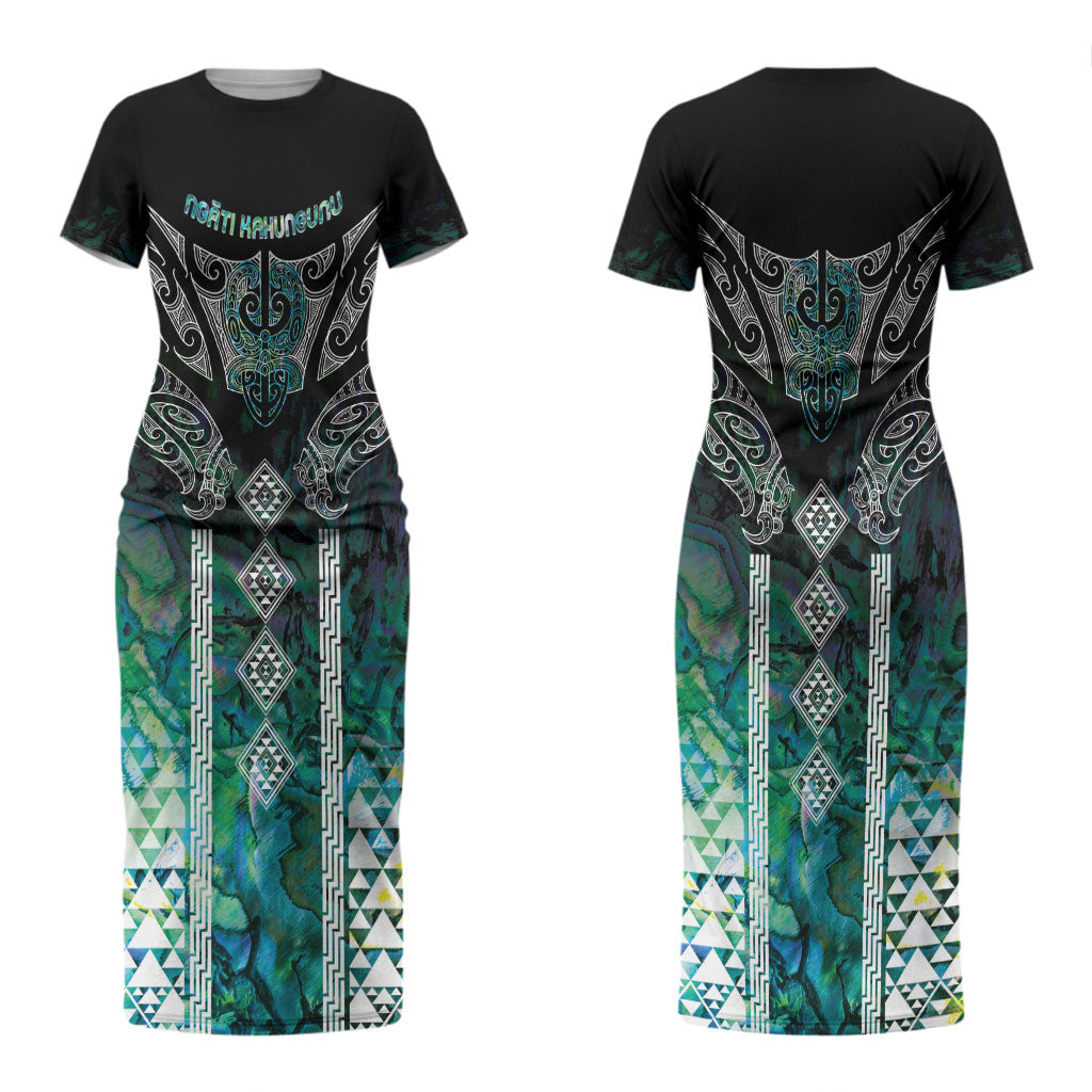 Aotearoa Maori Iwi Heritage Couples Matching Short Sleeve Bodycon Dress and Hawaiian Shirt Ngati Kahungunu Paua Shell Turquoise