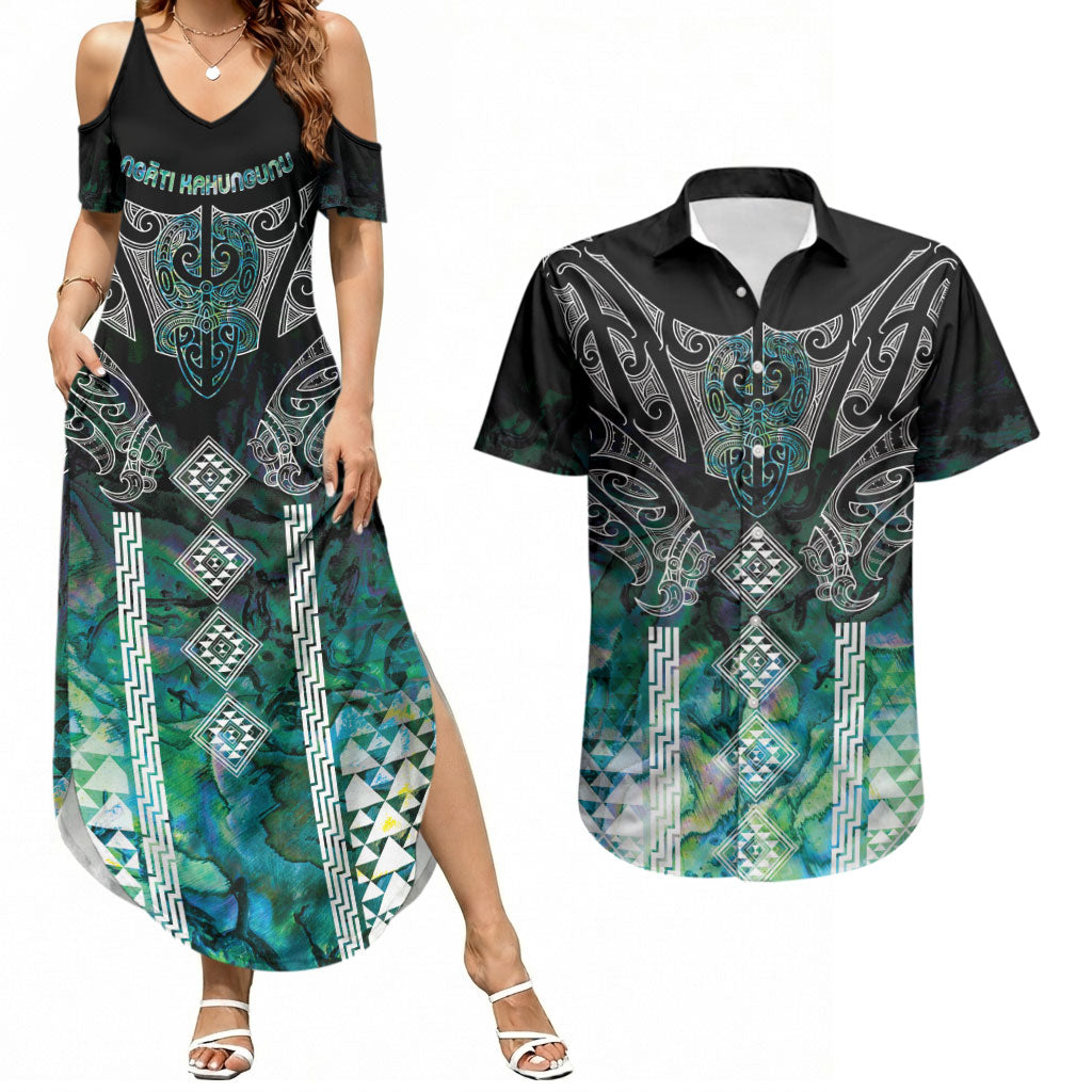 Aotearoa Maori Iwi Heritage Couples Matching Summer Maxi Dress and Hawaiian Shirt Ngati Kahungunu Paua Shell Turquoise