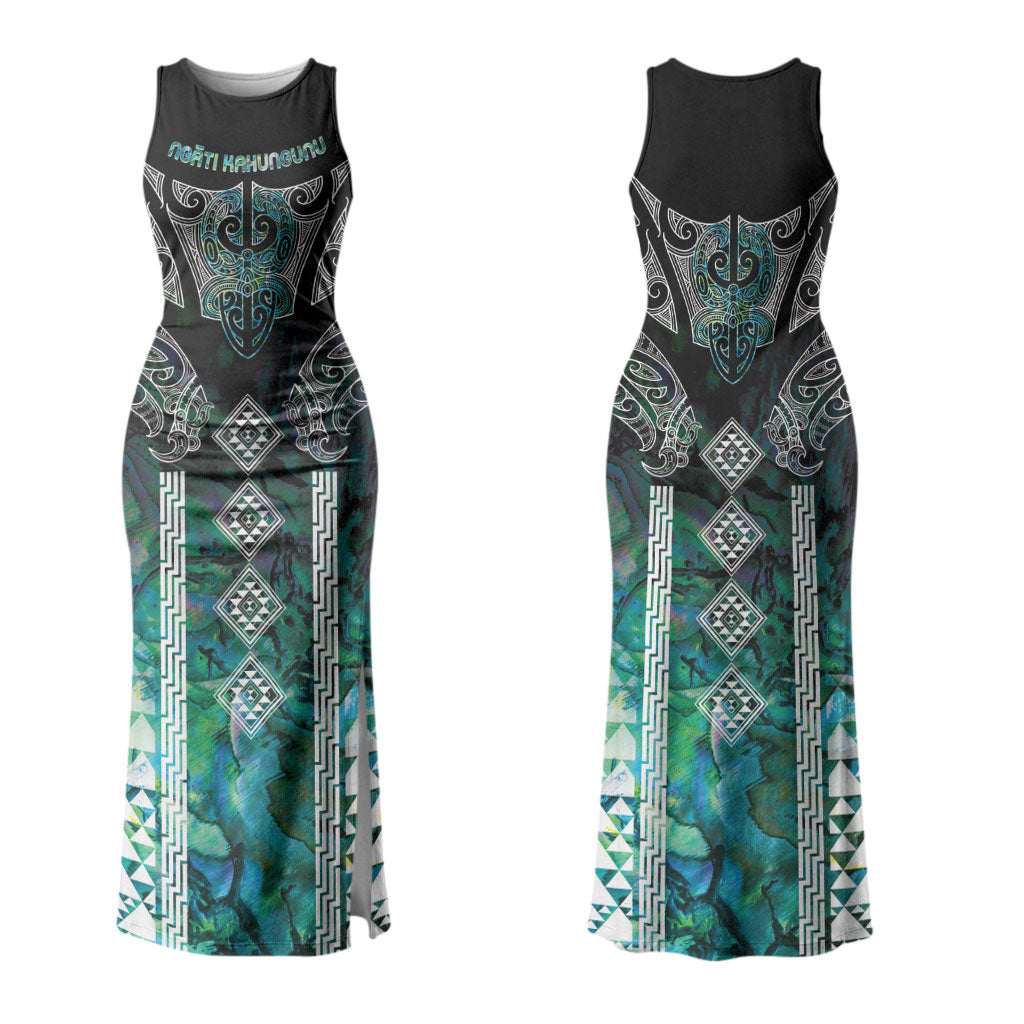 Aotearoa Maori Iwi Heritage Couples Matching Tank Maxi Dress and Long Sleeve Button Shirt Ngati Kahungunu Paua Shell Turquoise