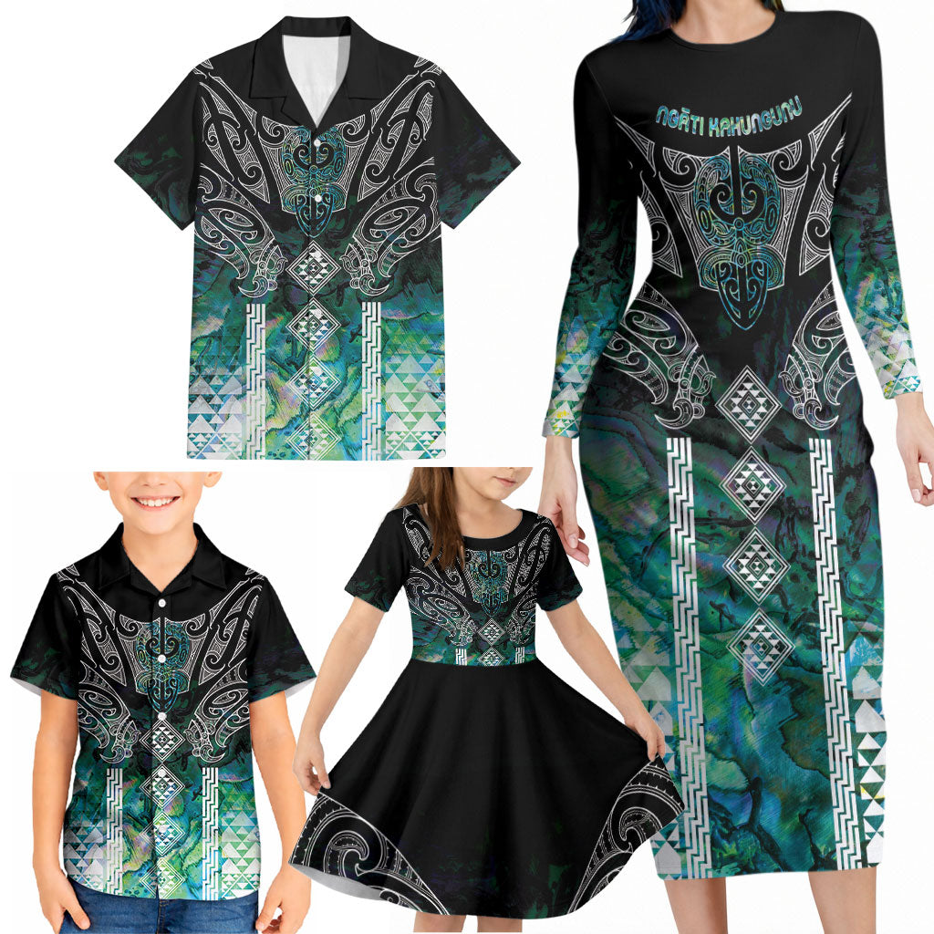 Aotearoa Maori Iwi Heritage Family Matching Long Sleeve Bodycon Dress and Hawaiian Shirt Ngati Kahungunu Paua Shell Turquoise