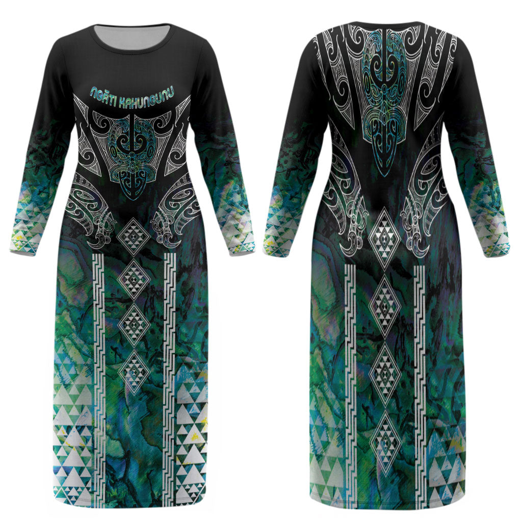 Aotearoa Maori Iwi Heritage Family Matching Long Sleeve Bodycon Dress and Hawaiian Shirt Ngati Kahungunu Paua Shell Turquoise