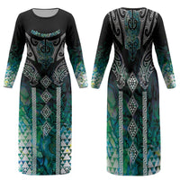 Aotearoa Maori Iwi Heritage Family Matching Long Sleeve Bodycon Dress and Hawaiian Shirt Ngati Kahungunu Paua Shell Turquoise