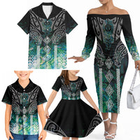 Aotearoa Maori Iwi Heritage Family Matching Off The Shoulder Long Sleeve Dress and Hawaiian Shirt Ngati Kahungunu Paua Shell Turquoise