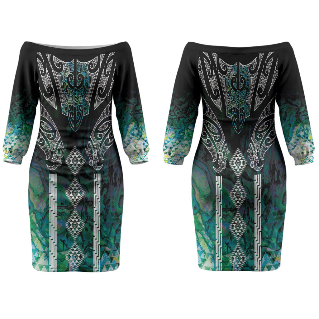 Aotearoa Maori Iwi Heritage Family Matching Off The Shoulder Long Sleeve Dress and Hawaiian Shirt Ngati Kahungunu Paua Shell Turquoise