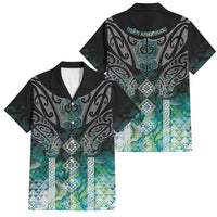 Aotearoa Maori Iwi Heritage Family Matching Off The Shoulder Long Sleeve Dress and Hawaiian Shirt Ngati Kahungunu Paua Shell Turquoise