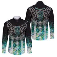 Aotearoa Maori Iwi Heritage Family Matching Off The Shoulder Long Sleeve Dress and Hawaiian Shirt Ngati Kahungunu Paua Shell Turquoise
