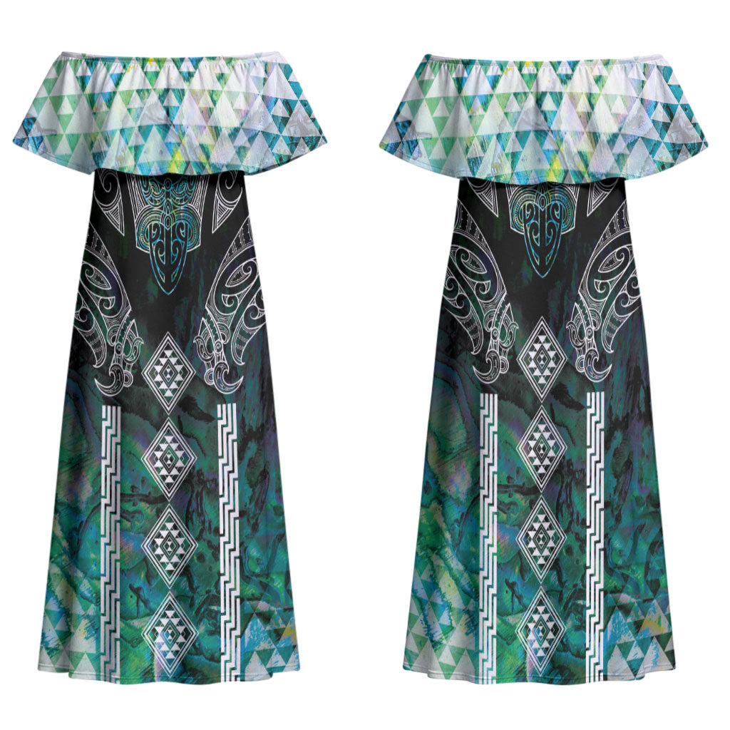 Aotearoa Maori Iwi Heritage Family Matching Off Shoulder Maxi Dress and Hawaiian Shirt Ngati Kahungunu Paua Shell Turquoise