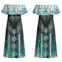 Aotearoa Maori Iwi Heritage Family Matching Off Shoulder Maxi Dress and Hawaiian Shirt Ngati Kahungunu Paua Shell Turquoise