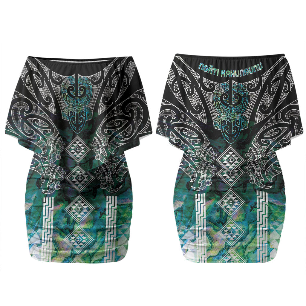 Aotearoa Maori Iwi Heritage Family Matching Off Shoulder Short Dress and Hawaiian Shirt Ngati Kahungunu Paua Shell Turquoise